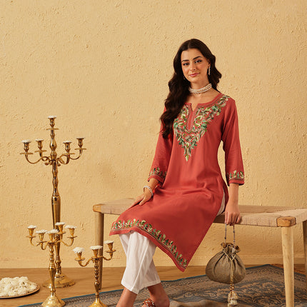 Qazmi Women's Noor Kashmiri Aari Work Straight Kurta
