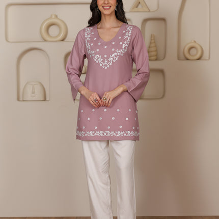 Qazmi Women's Aari Embroidered Viscose Rayon Full Sleeves Straight Kurti