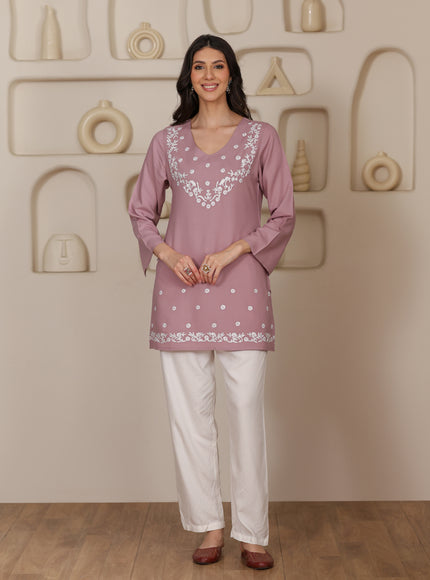 Qazmi Women's Aari Embroidered Viscose Rayon Full Sleeves Straight Kurti