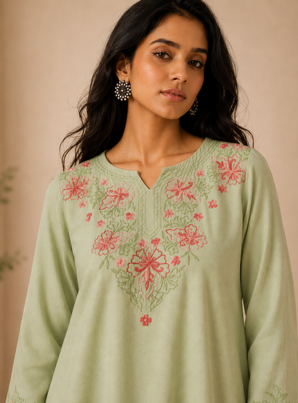 Qazmi Women's Kashmiri A-Line Light Pink Kurti