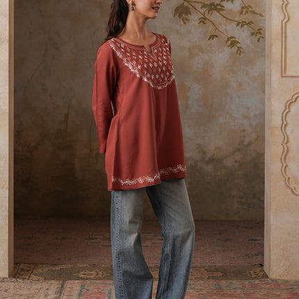 Qazmi Women's Azra Kashmiri A-Line Full Sleeves Viscose Rayon Short Kurti