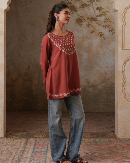 Qazmi Women's Azra Kashmiri A-Line Full Sleeves Viscose Rayon Short Kurti