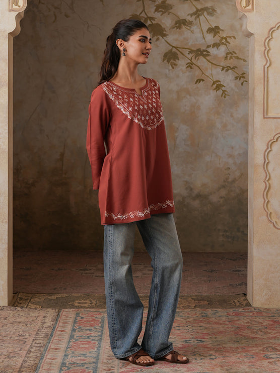 Qazmi Women's Azra Kashmiri A-Line Full Sleeves Viscose Rayon Short Kurti