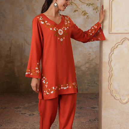 Qazmi Women's Aari Work V-Neck Black CoOrd Set