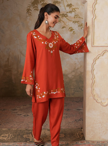 Qazmi Women's Aari Work V-Neck Black CoOrd Set