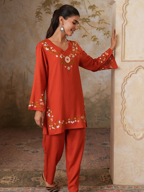 Qazmi Women's Aari Work V-Neck Black CoOrd Set