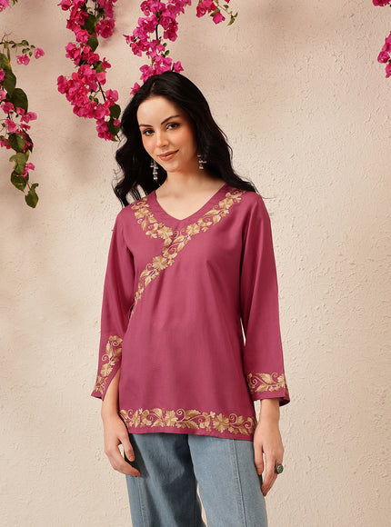 Qazmi Women's Jina V-Neck Kashmiri Aari Work Full Sleeves Kurti