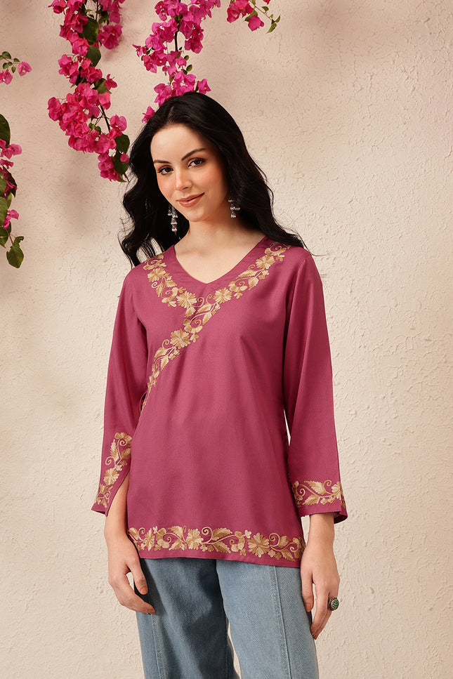 Qazmi Women's Jina V-Neck Kashmiri Aari Work Full Sleeves Kurti
