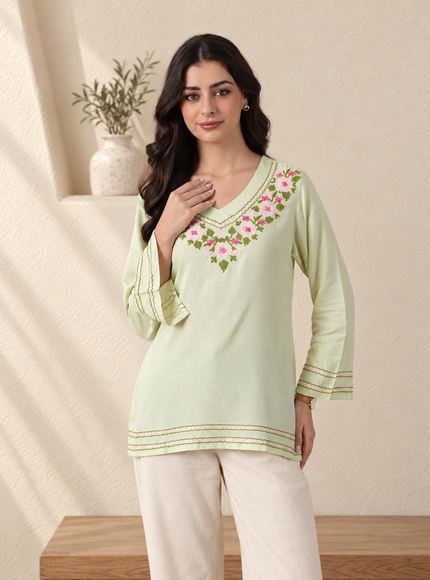 Qazmi Women's Ariana Kashmiri Embroidered V-Neck Short Kurti