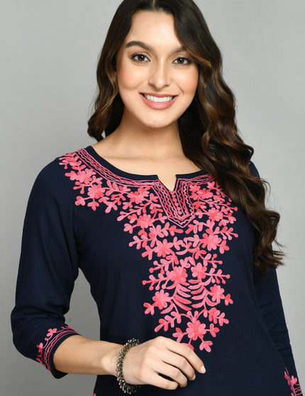 Blue Pink Aari Long Kurti For Women