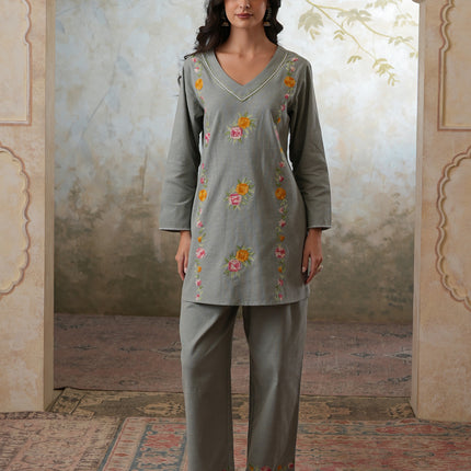 Qazmi Women's Mehreen Kashmiri Aari Work Pearl Studded Cotton Linen CoOrd