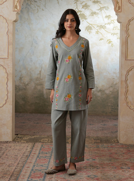 Qazmi Women's Mehreen Kashmiri Aari Work Pearl Studded Cotton Linen CoOrd