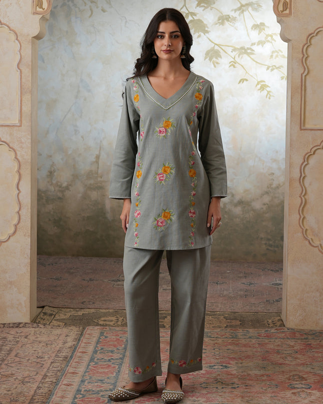 Qazmi Women's Mehreen Kashmiri Aari Work Pearl Studded Cotton Linen CoOrd
