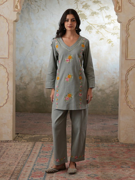 Qazmi Women's Mehreen Kashmiri Aari Work Pearl Studded Cotton Linen CoOrd