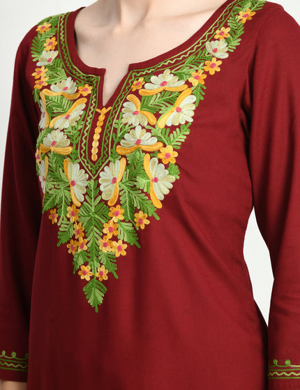 Maroon Multi Aari Long Kurti For Women