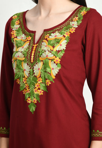 Maroon Multi Aari Long Kurti For Women