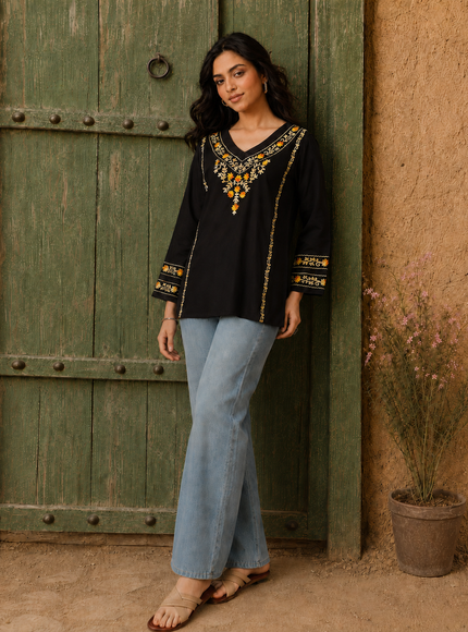 Qazmi Women's Amina Kashmiri Embroidered V-Neck Short Kurti