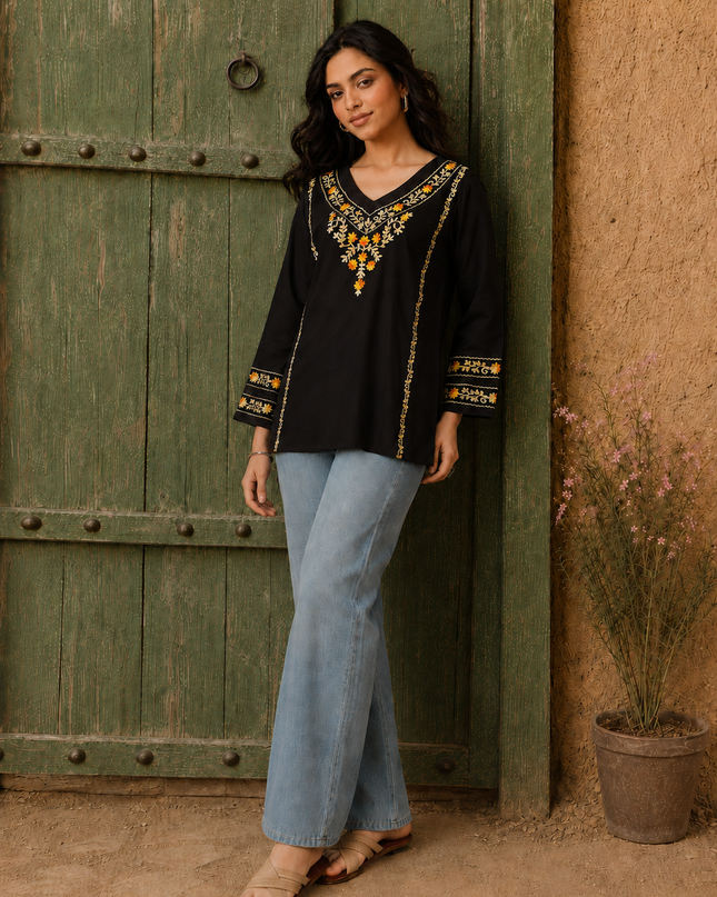 Qazmi Women's Amina Kashmiri Embroidered V-Neck Short Kurti