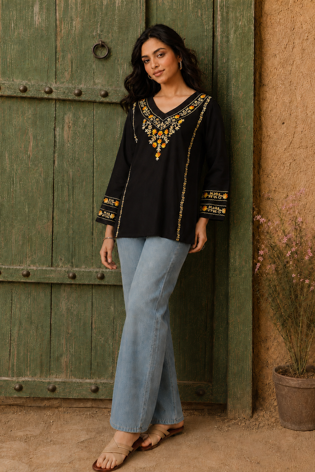 Qazmi Women's Amina Kashmiri Embroidered V-Neck Short Kurti