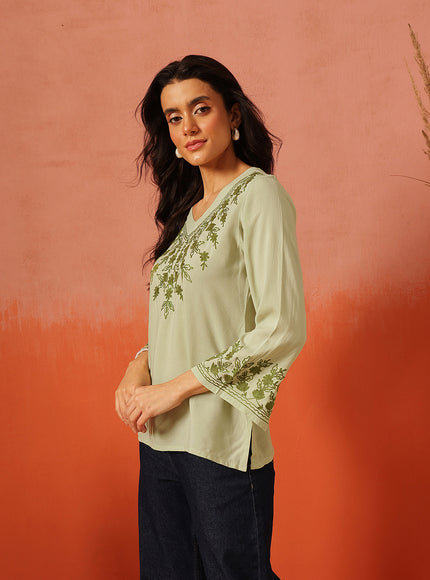 Qazmi Women's Sarah V-Neck Kashmiri Aari Work Full Sleeves Kurti