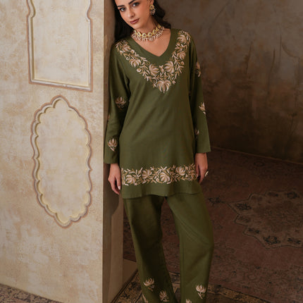 Qazmi Women's Kashmiri Chinarkari Work Olive Green CoOrd Set