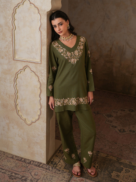 Qazmi Women's Kashmiri Chinarkari Work Olive Green CoOrd Set