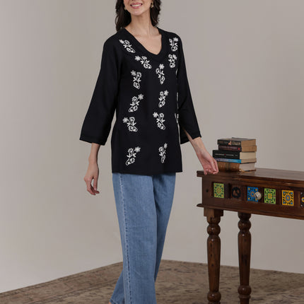 Qazmi Women Kashmiri Aari Embroidered Viscose Rayon Flared Sleeves Short Kurti