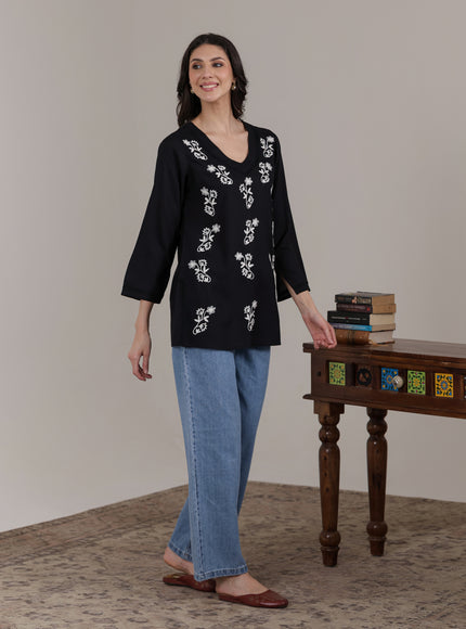 Qazmi Women Kashmiri Aari Embroidered Viscose Rayon Flared Sleeves Short Kurti
