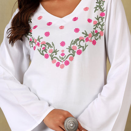 Qazmi Women's Aari Embroidered Viscose Rayon Full Sleeves Straight Kurti