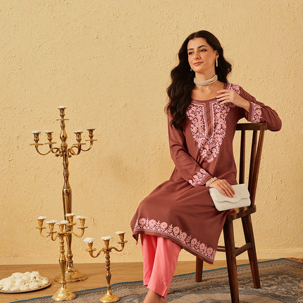 Qazmi Women's Firdousi Kashmiri Aari Work Brown Straight Kurta