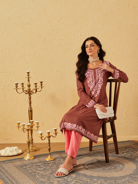 Qazmi Women's Firdousi Kashmiri Aari Work Brown Straight Kurta
