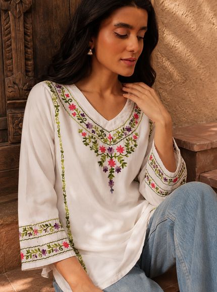 Qazmi Women's Amina Kashmiri Embroidered V-Neck Short Kurti