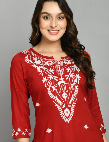Red Offwhite Boota Aari Long Kurti For Women