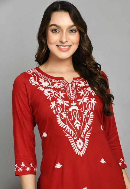 Red Offwhite Boota Aari Long Kurti For Women