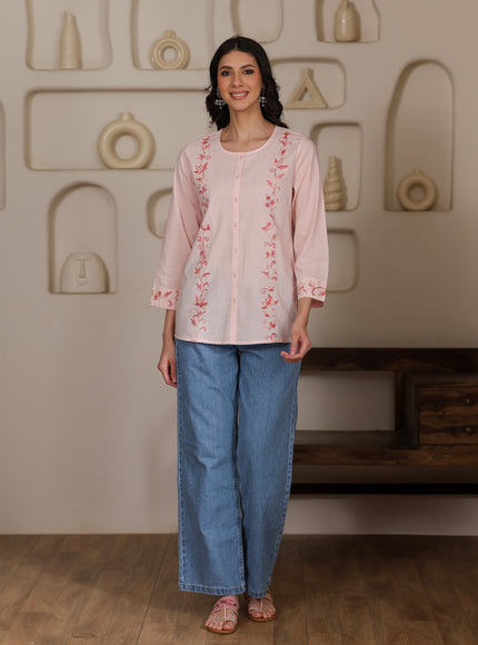 Qazmi Women Aari Embroidered Pure Cotton Mandarin Collar Top