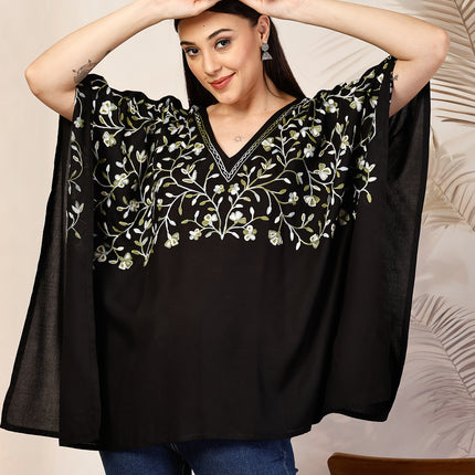 QAZMI Sheen V-Neck Flared Sleeves Kashmiri Aari Work Kaftan Kurti