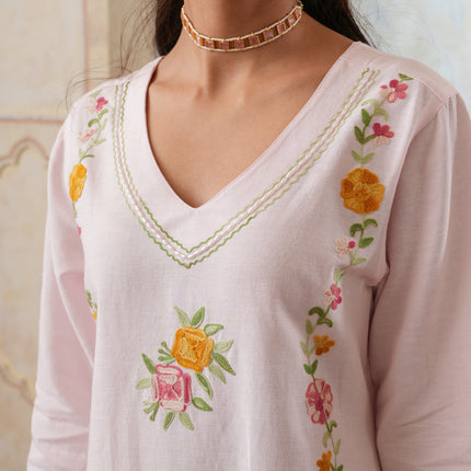 Qazmi Women's Mehreen Kashmiri Aari Work Pearl Studded Cotton Linen CoOrd