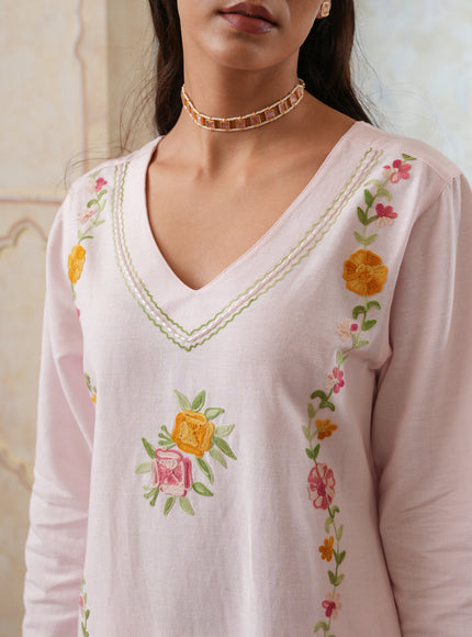 Qazmi Women's Mehreen Kashmiri Aari Work Pearl Studded Cotton Linen CoOrd