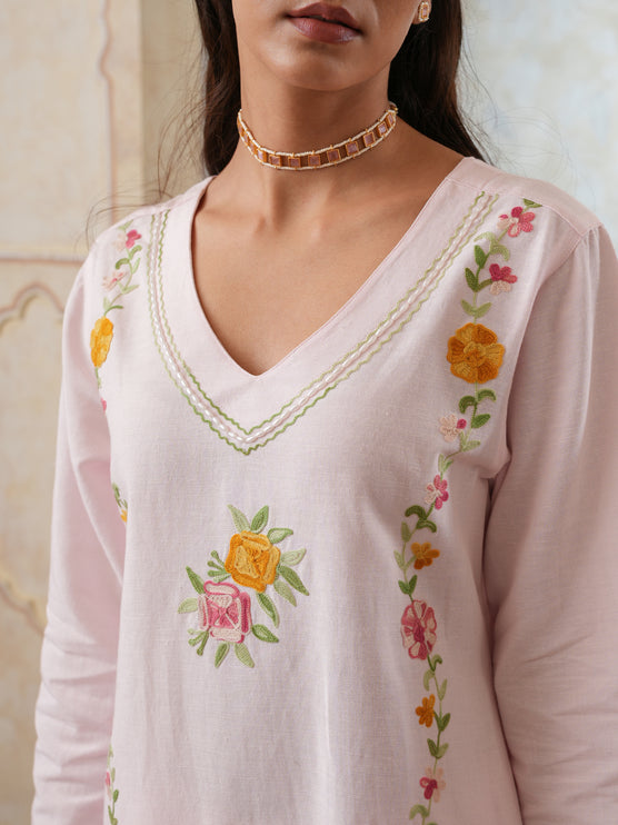 Qazmi Women's Mehreen Kashmiri Aari Work Pearl Studded Cotton Linen CoOrd