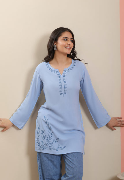 Qazmi Women's Aari Embroidered Pure Cotton Short Kurta