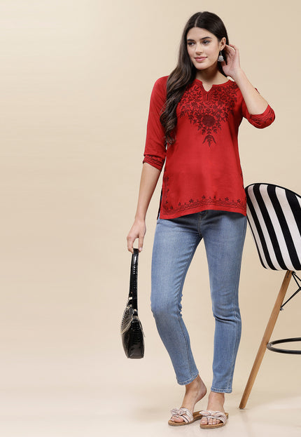 Red Self Aari Short Kurti For Women