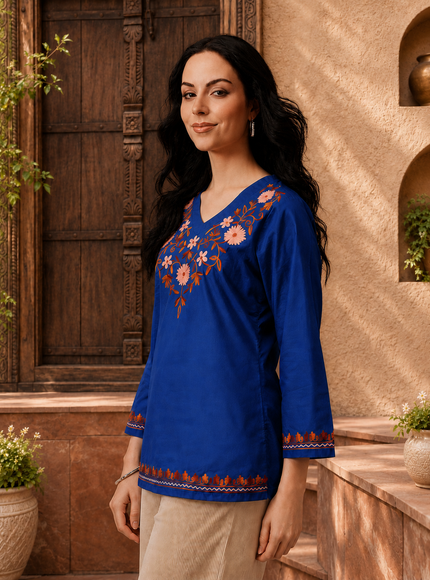 Qazmi Women's Nafisa Kashmiri Aari Work V-Neck Blue Kurti