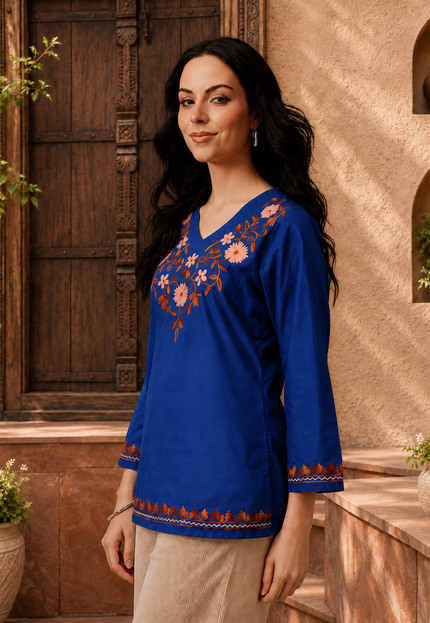 Qazmi Women's Nafisa Kashmiri Aari Work V-Neck Blue Kurti