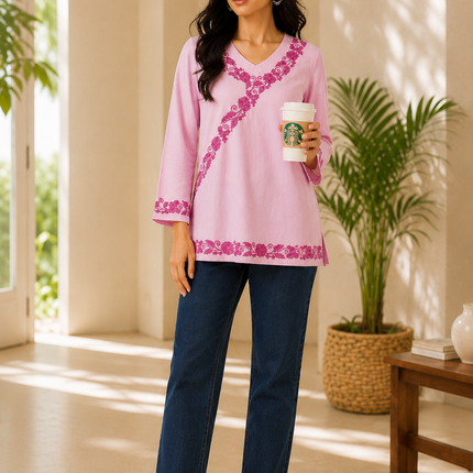 Qazmi Women's Jina V-Neck Kashmiri Aari Work Full Sleeves Kurti