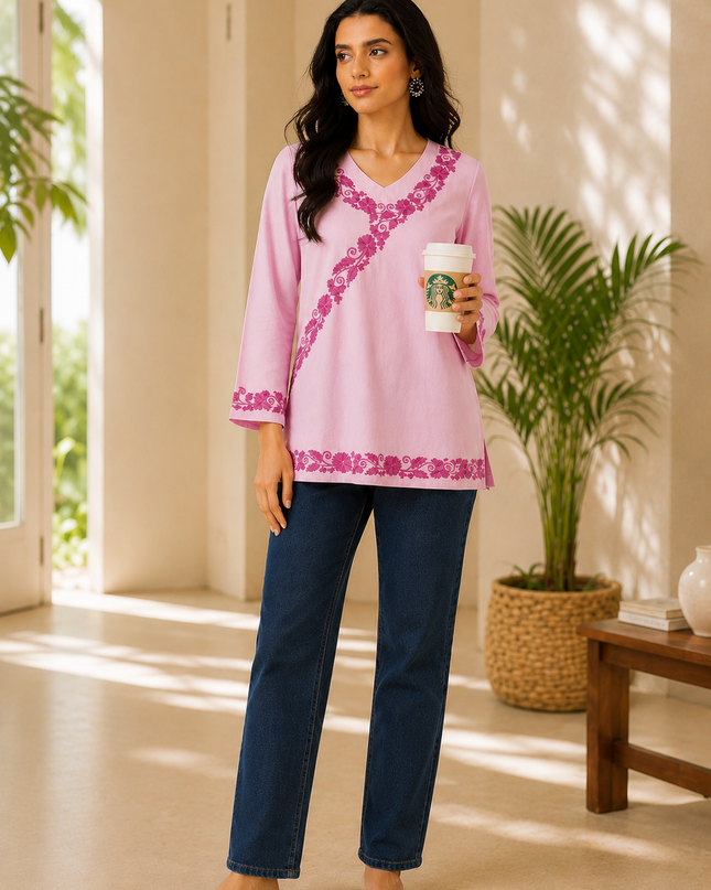 Qazmi Women's Jina V-Neck Kashmiri Aari Work Full Sleeves Kurti