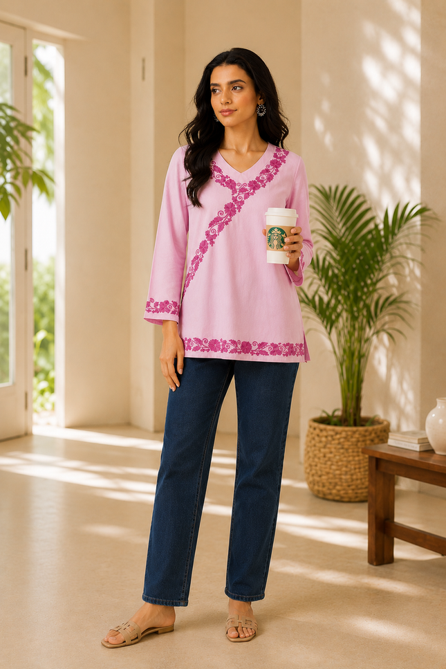 Qazmi Women's Jina V-Neck Kashmiri Aari Work Full Sleeves Kurti