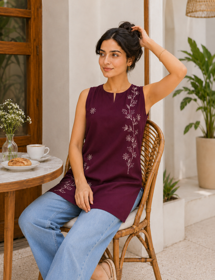 Qazmi Women Embroidered Viscose Rayon Sleeveless Embroidered Kurti
