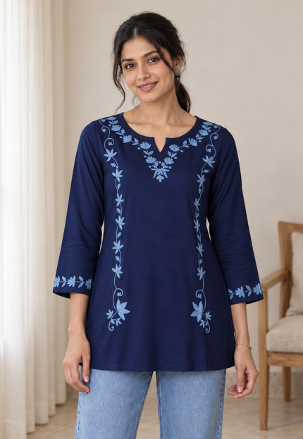 Qazmi Women Kashmiri Aari Embroidered A-Line Viscose Rayon Short Kurti with Full Sleeves