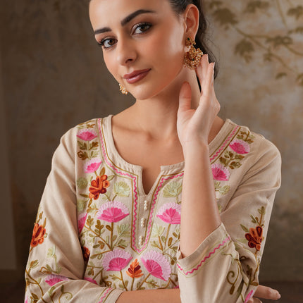 Qazmi Women's Zaynab Kashmiri Aari Work Cotton Linen Olive Green Kurta