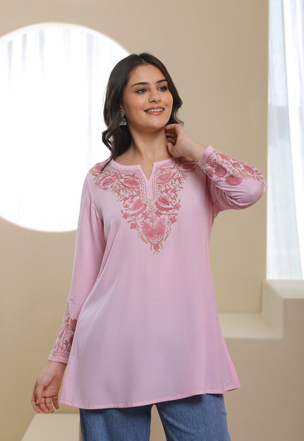 Qazmi Women Aari Embroidered Viscose Rayon A-Line Short Kurti with Full Sleeves